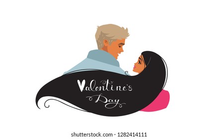 Happy Valentines Day 14 February illustration. Romantic happy loving couple. Vector illustration