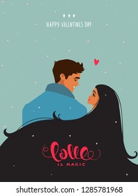 Happy Valentines Day 14 February illustration. Romantic happy loving couple. Vector illustration