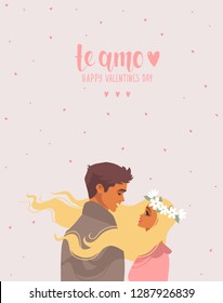 Happy Valentines Day 14 February illustration. Romantic happy loving couple. Vector illustration