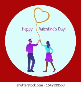 Happy Valentine's Day - 14 february. Couple silhouette with heart shape and frame on red background. Vector illustration.