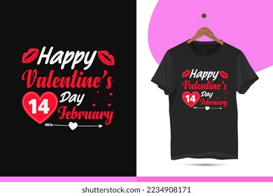 Happy valentine's day 14  February - Valentine's day typography t-shirt design template.  Vector calligraphy illustration with kisses, love, and heart line arrow.