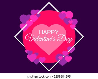 Happy Valentines Day, 14 February. Text on a heart in a frame. Greeting card background with hearts. Design for postcard, banner and poster. Vector illustration