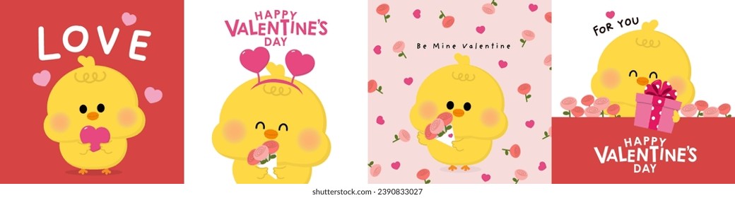 Happy Valentine's Day, 14 February with cute chick and pink hearts. Animal in love holidays. -Vector