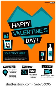 Happy Valentine's Day  14 February (Flat Style Vector Illustration Love Poster Design) Event Invitation with Venue and Time Details