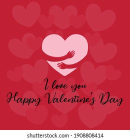 Happy Valentine's Day, 14th February, Hearts, Romantic Tema, Love, Red Background, Hugging Hands