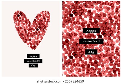 Happy Valentine's Day. 2 Lovely Vector Cards with Heart and Romantic Wishes. Big Heart Made of Red Falling Confetti. Modern Valentine's Day Illustration with Red Background Made of Confetti Rain. RGB.