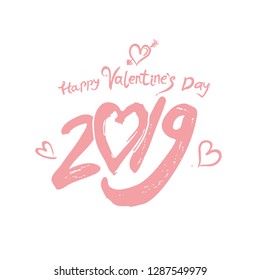 Happy Valentine's Day 2019 modern calligraphy. Handwritten lettering. Light pink calligraphic 2019 and heart pierced by cupid's arrow isolated on white background. 