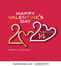 Happy Valentine's Day. 2020. Gold and white on purplish red. Stylish vector logo Valentines Day 2020 with a zeros in the shape of heart.