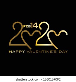 Happy Valentine's Day. 2020. Gold on black. Stylish vector logo Valentines Day 2020 with a zeros in the shape of a heart.
