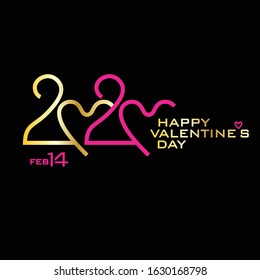 Happy Valentine's Day. 2020. Golden and pink on black. Stylish vector logo Valentines Day. 2020 with a zero in the shape of a heart.