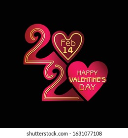 Happy Valentine's Day. 2020. Red Raspberry with Gold on black. Stylish vector monogram logo Valentines Day in the style of 20s zero in the shape of a heart.