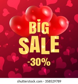 Happy Valentine's Day -30% big sale card glowing gold yellow text with red realistic banner with heart it a red pink background. Vector illustration EPS 10