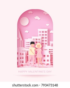 Happy Valentine's Day 3d Abstract Paper Cut Illustration Of Landscape With Couple, Big City, Sun And Sky.
