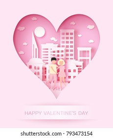 Happy Valentine's day 3d abstract paper cut illustration of colorful landscape with couple, big city, sun and sky.