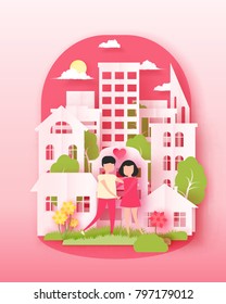 Happy Valentine's day 3d abstract paper cut illustration of colorful landscape with couple, big city, sun and sky. Vector design template