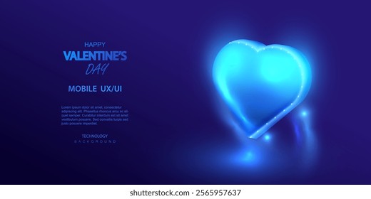 Happy Valentine's Day. 3d blue neon isometric heart in technology style. Sapphire stone heart. Love ai futuristic holiday card for mobile vector.