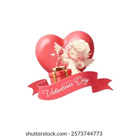 Happy Valentine's Day. 3D character of cupid, heart, gift, red ribbon with a greeting. For concepts of celebration of love, anniversary, wedding. Print on t-shirts, advertising, discounts. Vector