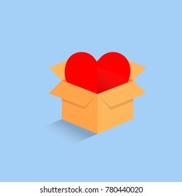 Happy Valentine's day 3d empty isometric cardboard opened box with red heart isolated on light blue background vector illustration