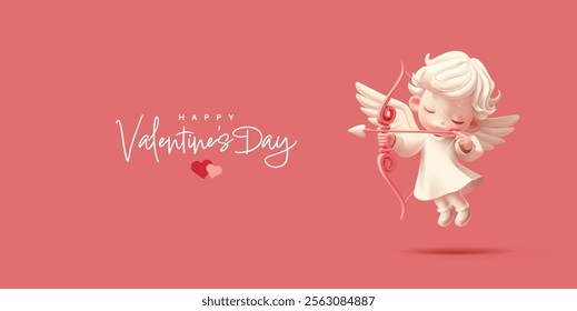 Happy Valentine's Day. 3D flying cute cupid shooting arrows from a bow. For concepts of celebrating love, wedding, engagements, anniversary. Modern banner. Vector