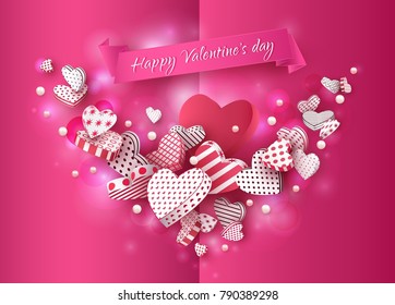 Happy Valentine's Day. 3d heart. Garland of three-dimensional symbols with geometric patterns. Festive postcard. Beautiful abstract background. Vector illustration
