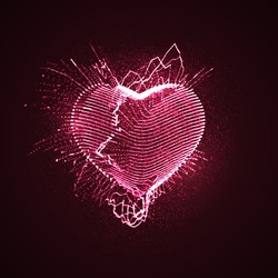 Happy Valentines Day. 3D illuminated neon heart of glowing particles and wireframe. Vector illustration. 