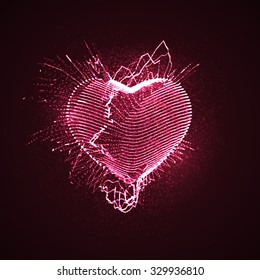 Happy Valentines Day. 3D illuminated neon heart of glowing particles and wireframe. Vector illustration. 