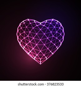 Happy Valentines Day. 3D illuminated neon heart of glowing particles and wireframe. Vector illustration. 