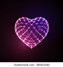 Happy Valentines Day. 3D illuminated neon heart of glowing particles and wireframe. Vector illustration. 