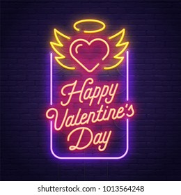Happy Valentine's day. 3d neon sign. Realistic neon sign. Love day banner, logo, emblem and label. Bright signboard, light banner.  