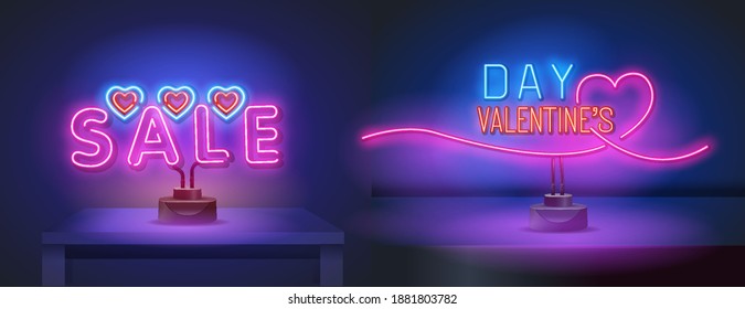 Feliz Día de San Valentín. 3.ª señal de neón en un estrado. Señal de neón realista. Banner, logo, emblema y etiqueta del Día del Amor. Cartel luminoso, cartel luminoso.