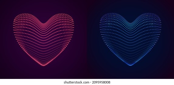 Happy Valentines Day. 3D Particles Neon Hearts. Love Romantic Concept. Cardiology Healthcare Technology Heart Symbol. Vector illustration.