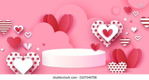 Happy Valentine's day 3D Podium scene or pedestal on pink background with heart paper cut craft shapes. Studio for display product mockup design. Waves and clouds. Super romantic holidays.