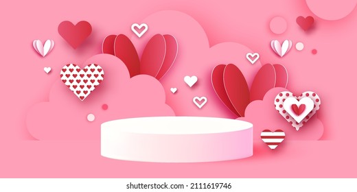 Happy Valentine's day 3D Podium scene or pedestal on pink background with heart paper cut craft shapes. Studio for display product mockup design. Waves and clouds. Super romantic holidays.