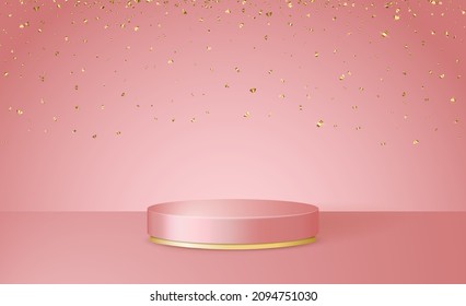 Happy Valentine's Day 3d scene with pink and gold podium platform and confetti. Vector illustration.