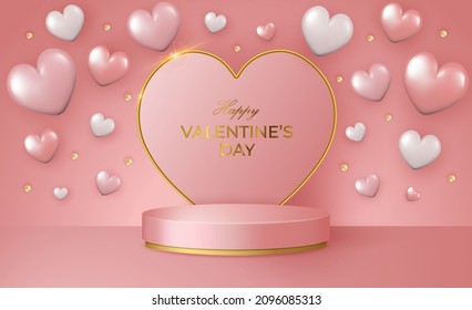 Happy Valentine's Day 3d scene with pink and gold podium platform, heart and confetti. Vector illustration.