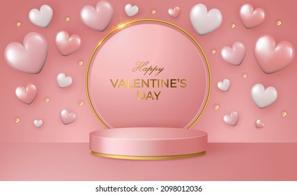 Happy Valentine's Day 3d scene with pink and gold podium platform and flying hearts. Vector illustration.