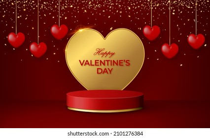 Happy Valentine's Day 3d scene with red and gold podium platform, big golden heart, garlands and confetti. Vector illustration.