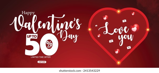 "Happy Valentine's Day" 50% off Sale banner with the symbol of a heart with lights and valentine elements on a red background. Promotion and shopping template for love and Valentine's Day concept.
