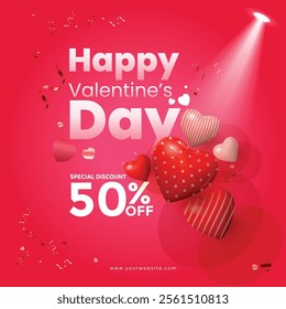 Happy Valentine's Day, 50% Off, colorful pin Background with heart set 