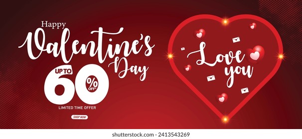 "Happy Valentine's Day" 60% off Sale banner with the symbol of a heart with lights and valentine elements on a red background. Promotion and shopping template for love and Valentine's Day concept.