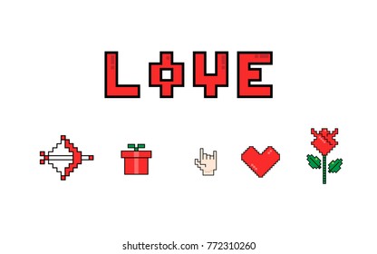 Happy valentines day. 8 bit Pixel love Message Icons  On White Background