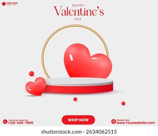 Feliz Dia dos Namorados abstrato 3D design de fundo de pódio minimalista com cor vermelha. Dia dos Namorados produto venda podium design com corações. Montagem de produto com oferta de desconto e design vermelho. 