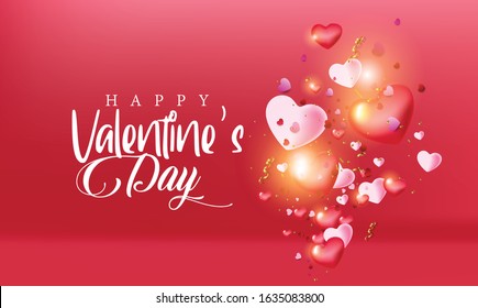 Happy Valentine's day abstract background. Happy valentines day text in red empty space with red heart shapes 