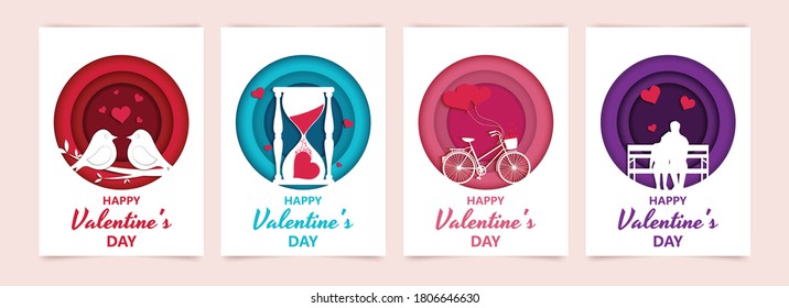Feliz Día de San Valentín de fondo abstracto. Establece el fondo para las cubiertas, invitaciones, carteles, pancartas, volantes, carteles. Feliz composición del día de San Valentín en estilo de corte de papel. Ilustración del vector