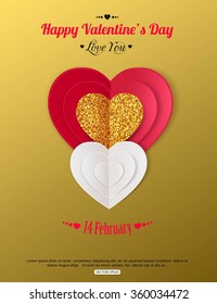 Happy Valentine's Day abstract background with cut paper gold heart. Vector illustration.
