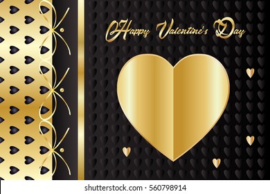 Happy Valentine's day abstract background with ribbon, paper cut gold heart. Vector illustration. Invitation, luxury greeting card. Romantic poster, e-card, calligraphy, Spring, Love, icon, beautiful.