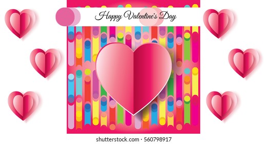 Happy Valentine's day abstract background with ribbon, paper cut pink hearts, heart, geometric pattern, calligraphy, lettering. Vector romantic Invitation, love greeting card, post card, web banner.