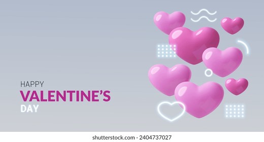 Feliz Día de San Valentín pancarta abstracta con corazones rosados 3D y formas geométricas de neón brillando. Diseño moderno para el 14 de febrero. Ilustración vectorial.