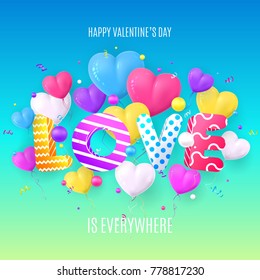 Happy Valentine's Day Abstract Colorful Card. Modern Color Abstraction with Realistic Balloons in the Form of Heart. Vector Illustration with Serpentine and Balls.