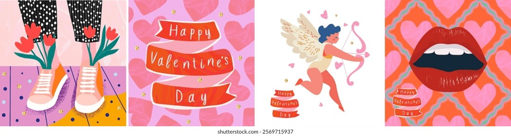 Happy Valentine's Day. Abstract cute vector Valentine's Day illustrations featuring hearts, cupid, lips, flowers, and banners. Perfect for greeting card, poster, background, or romantic design project